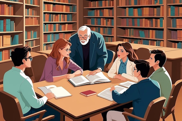 Foto una ilustración vectorial de estudiantes universitarios teniendo una discusión con su profesor en la biblioteca