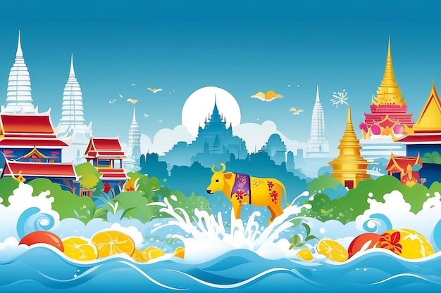 Ilustración vectorial del festival de agua de Songkran con corte de papel, copia de espacio y punto de referencia