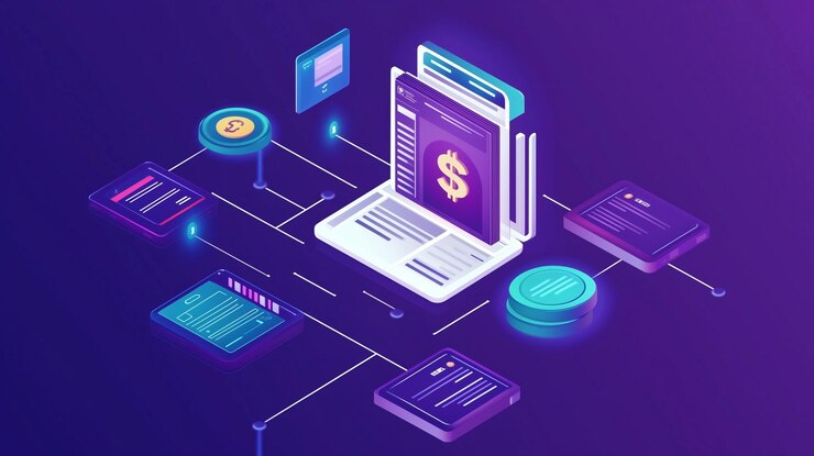 Foto ilustración vectorial de finanzas digitales que muestra iconos interconectados que representan las finanzas modernas