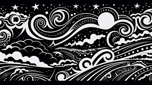 Ilustración vectorial de fondo abstracto en blanco y negro con nubes y estrellas