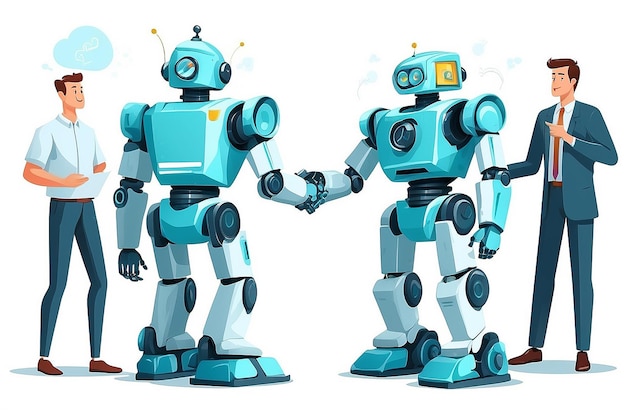 Ilustración vectorial en fondo blanco los porteadores de negocios son un equipo exitoso el inversor mantiene el dinero en ideas financiando proyectos creativos apretón de manos para robots y hombres