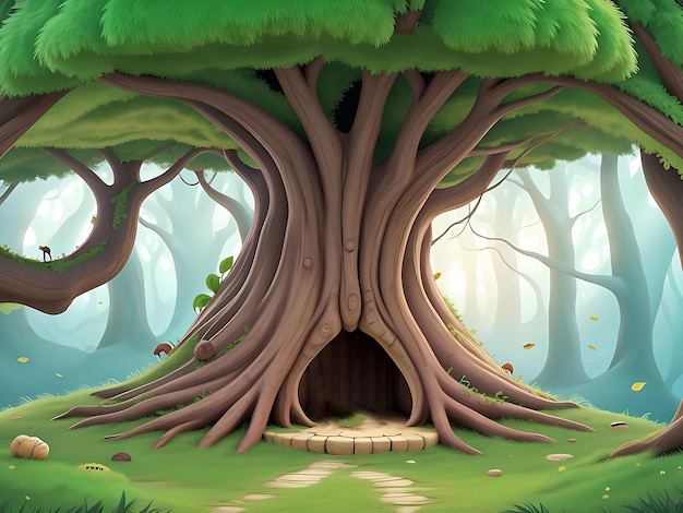 Ilustración vectorial Fondo de bosque de fantasía con árbol hueco