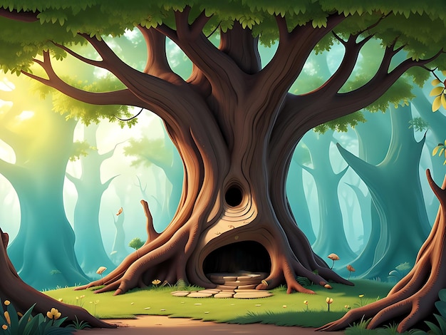 Ilustración vectorial Fondo de bosque de fantasía con árbol hueco