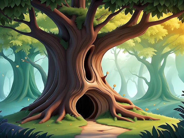 Ilustración vectorial Fondo de bosque de fantasía con árbol hueco