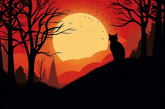 Ilustración vectorial de fondo noche de Halloween animal oscuro espeluznante árbol luna negra gato