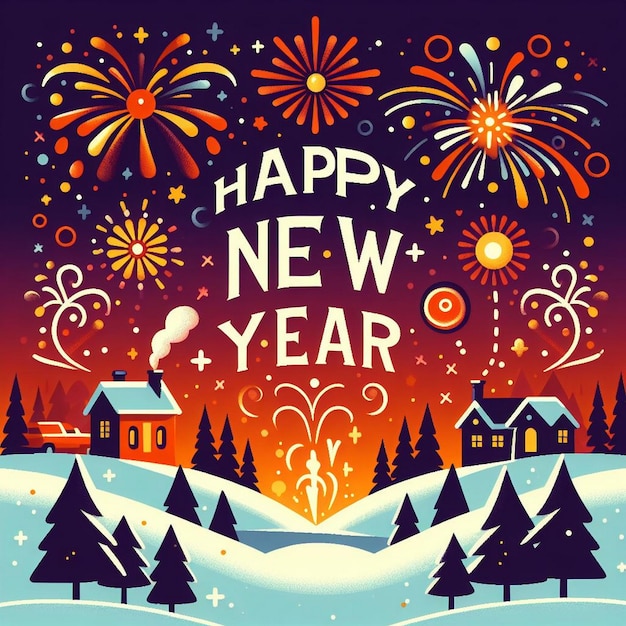 Ilustración vectorial de fuegos artificiales de Año Nuevo sobre un paisaje de invierno