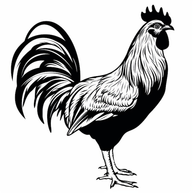 Ilustración vectorial de gallo en blanco y negro en el estilo de Raynald Leclerc