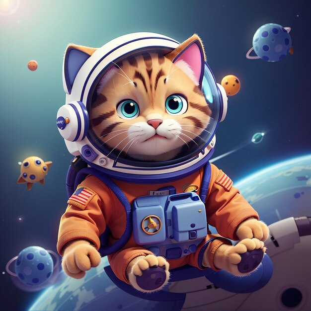 Foto ilustración vectorial del gato astronauta jugando con la bola de hilo