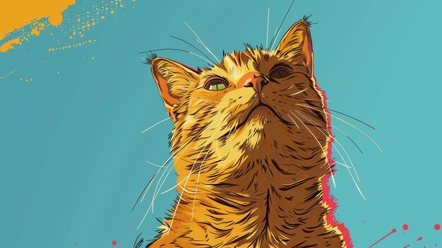 Una ilustración vectorial de un gato mirando hacia arriba con una expresión curiosa en su cara El gato es naranja y tiene ojos verdes