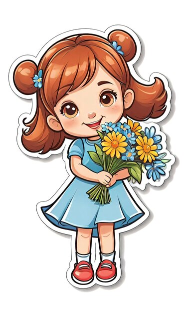 Ilustración vectorial graciosa alegre logotipo plano de niña con flores aisladas en fondo blanco co