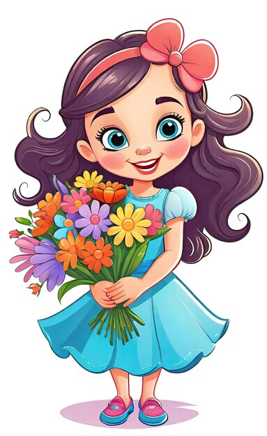 Ilustración vectorial graciosa alegre logotipo plano de niña con flores aisladas en fondo blanco co