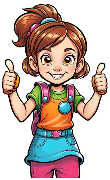 Ilustración vectorial graciosa logotipo plano alegre de una chica sosteniendo un pulgar hacia arriba como aislado