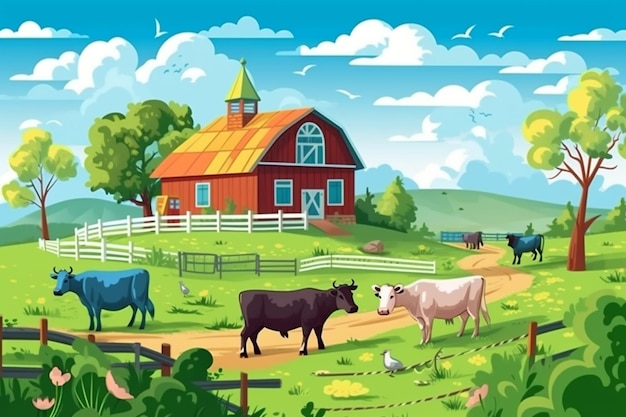 Una ilustración vectorial de una granja con vacas y un granero generativo ai