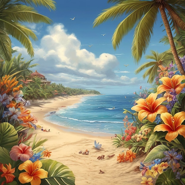 Ilustración vectorial gratuita de vacaciones de verano en fondo azul cielo con elementos de playa y trópicos
