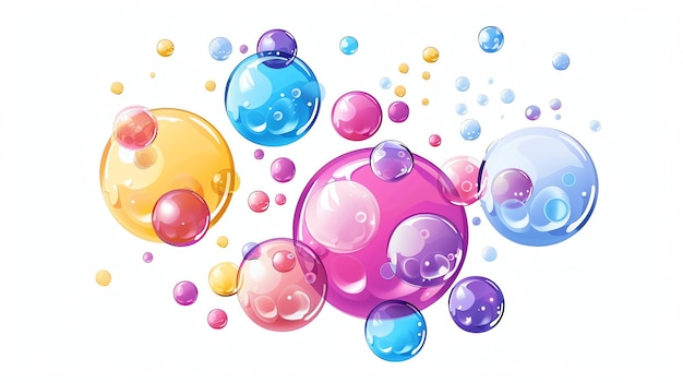 Foto ilustración vectorial de un grupo de burbujas transparentes de colores de diferentes tamaños sobre un fondo blanco