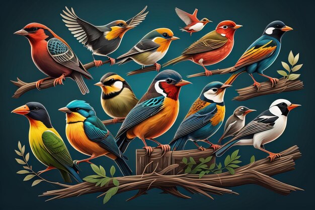 Foto ilustración vectorial de un grupo de pájaros coloridos sentados en una rama