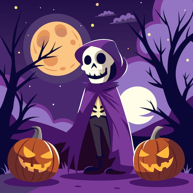 Ilustración vectorial de Halloween representa un esqueleto en una capa púrpura de pie junto a una bomba tallada