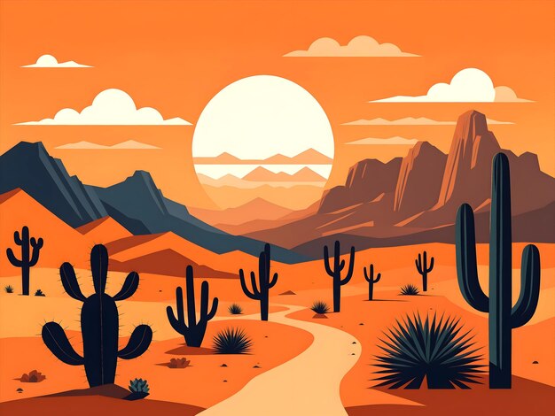 Ilustración vectorial de un hermoso paisaje desértico con cactus y montañas al atardecer