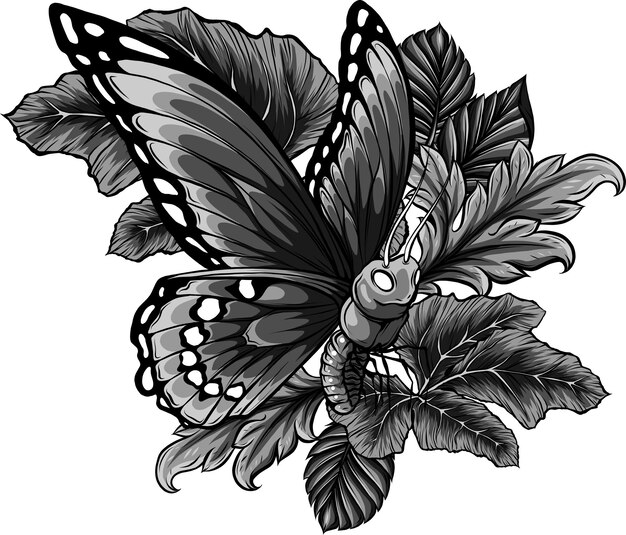 Foto ilustración vectorial de hojas y mariposas