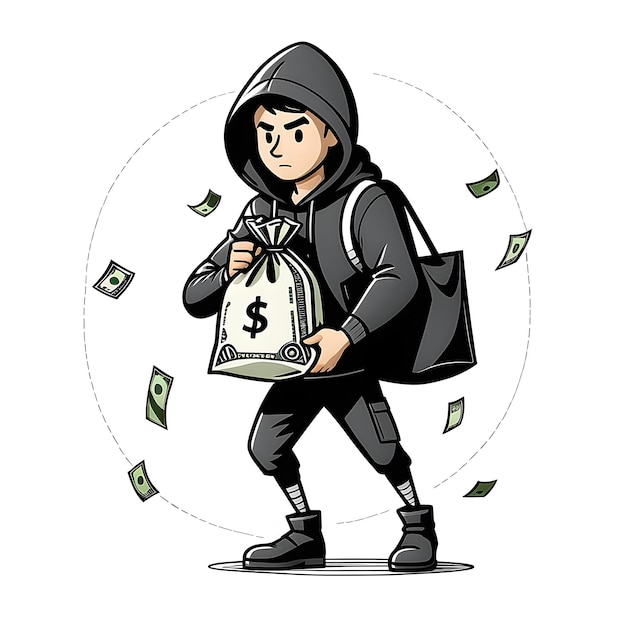 Foto ilustración vectorial de un hombre con una sudadera negra con una bolsa de dinero