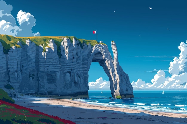 Una ilustración vectorial del icónico arco natural en las playas del Día D de Normandía bajo un cielo azul.