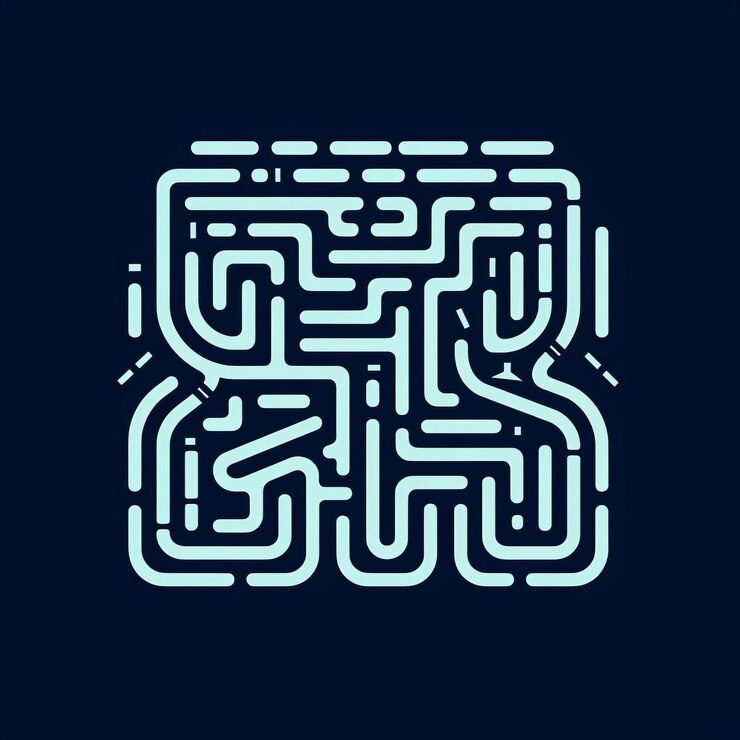 Foto ilustración vectorial de icono de laberinto lúdico en fondo azul oscuro