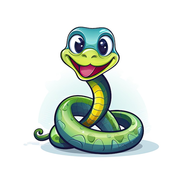 Foto ilustración vectorial de un icono de serpiente entrañable que representa una serpiente amistosa con colores vibrantes y una encantadora expresión sonriente