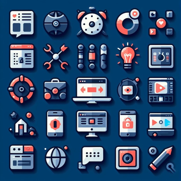 Foto una ilustración vectorial de los iconos de diseño web más utilizados de tres tamaños