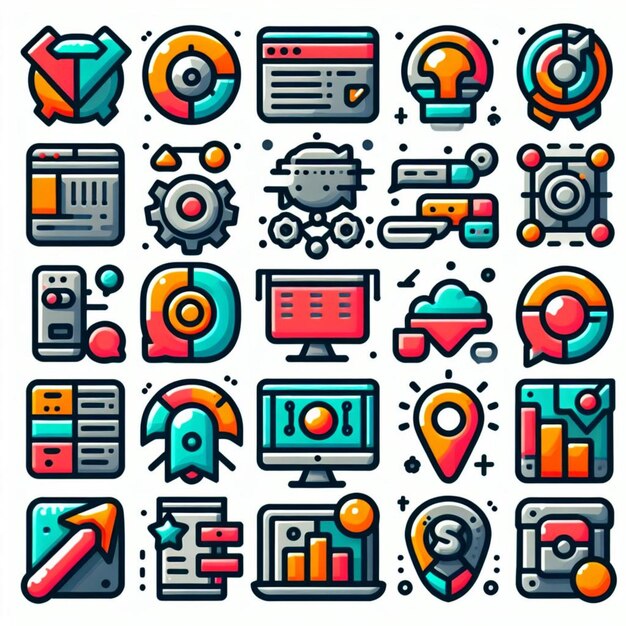 Una ilustración vectorial de los iconos de diseño web más utilizados de tres tamaños