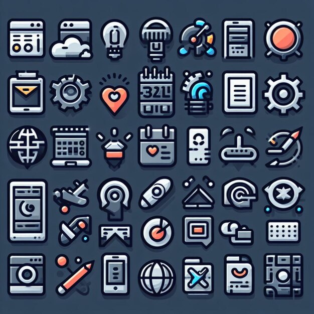 Una ilustración vectorial de los iconos de diseño web más utilizados de tres tamaños