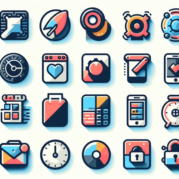 Una ilustración vectorial de los iconos de diseño web más utilizados de tres tamaños