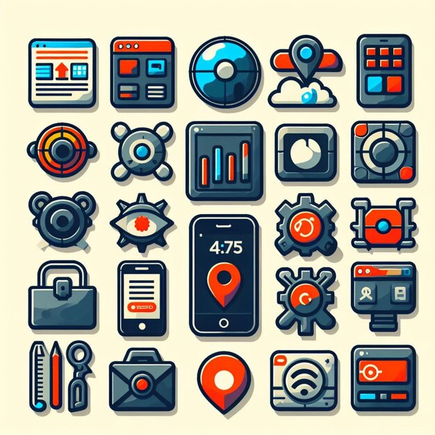 Foto una ilustración vectorial de los iconos de diseño web más utilizados de tres tamaños