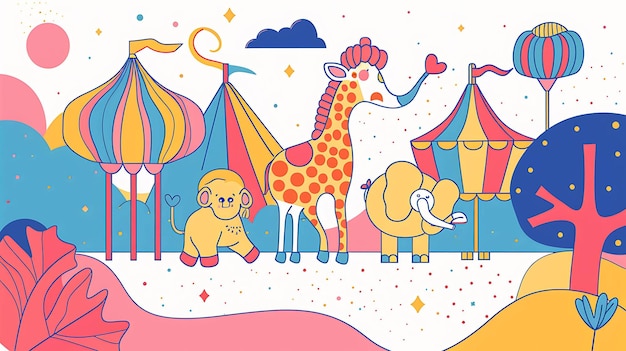 Foto una ilustración vectorial de una jirafa, un elefante y un león en una tienda de circo