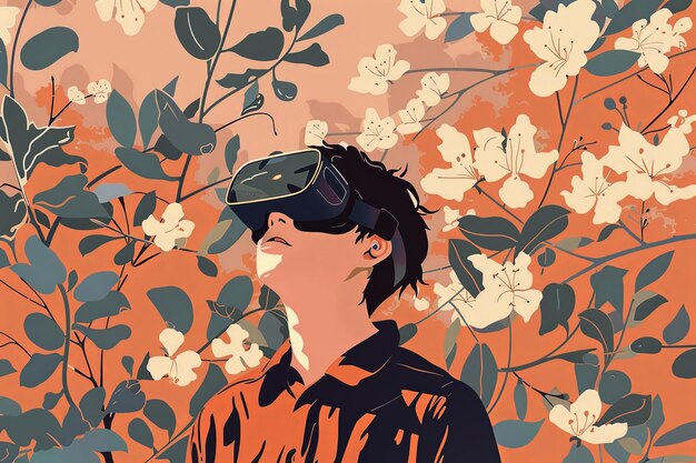 Ilustración vectorial de un joven con gafas virtuales que está en un parque