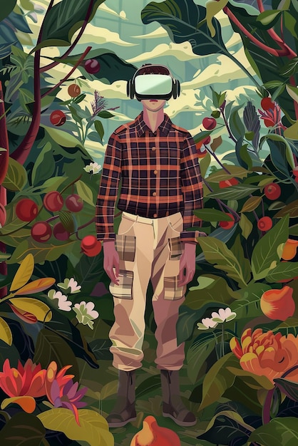 Ilustración vectorial de un joven con gafas virtuales que está en un parque