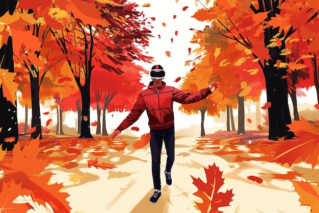 Ilustración vectorial de un joven con gafas virtuales que está en un parque
