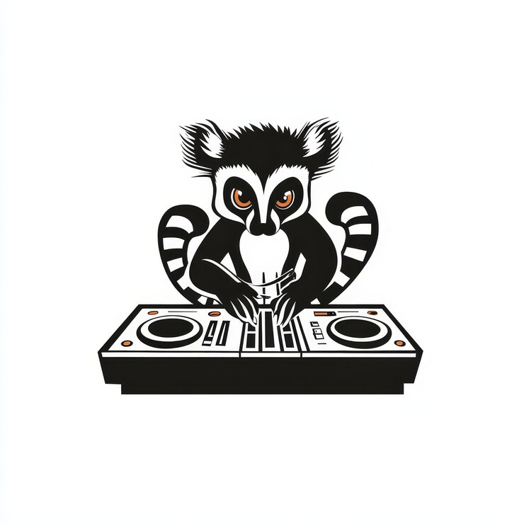 Foto ilustración vectorial de un lémur jugando en un tocadiscos aislado sobre un fondo blanco