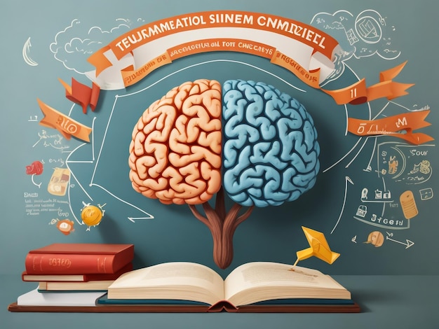 Foto ilustración vectorial de libro abierto con cerebro en crecimiento en fondo gris