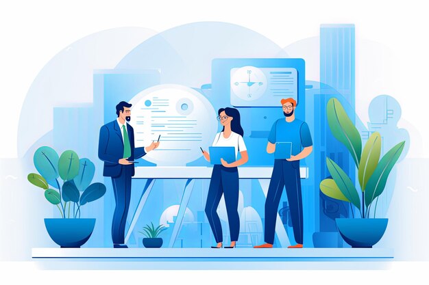 Ilustración vectorial limpia de un equipo presentando para un blog de diseño composición interesante