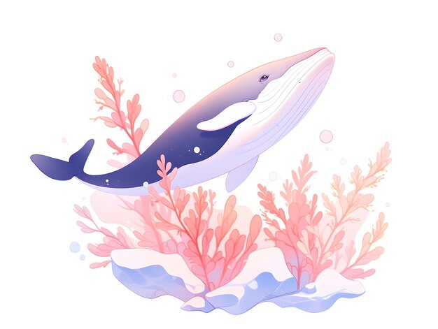 Ilustración vectorial de una linda ballena de dibujos animados nadando en el mar rodeada de plantas