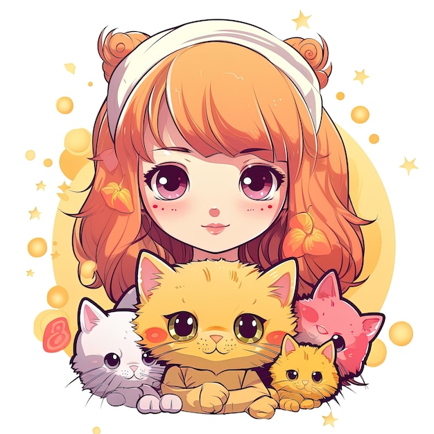 Ilustración vectorial de una linda chica de anime kawaii con un lindo fondo de gato generado por IA