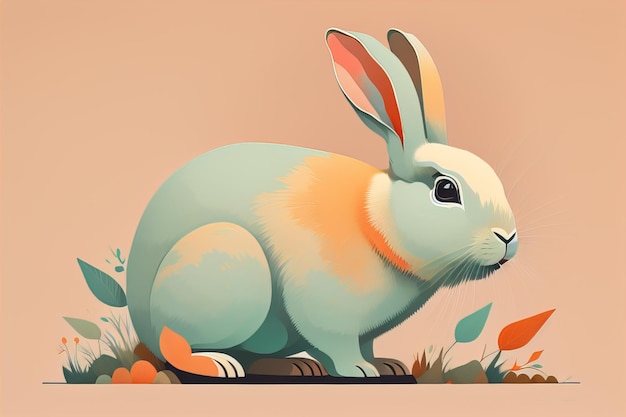 Ilustración vectorial de un lindo conejo blanco sentado sobre un fondo de color sólido