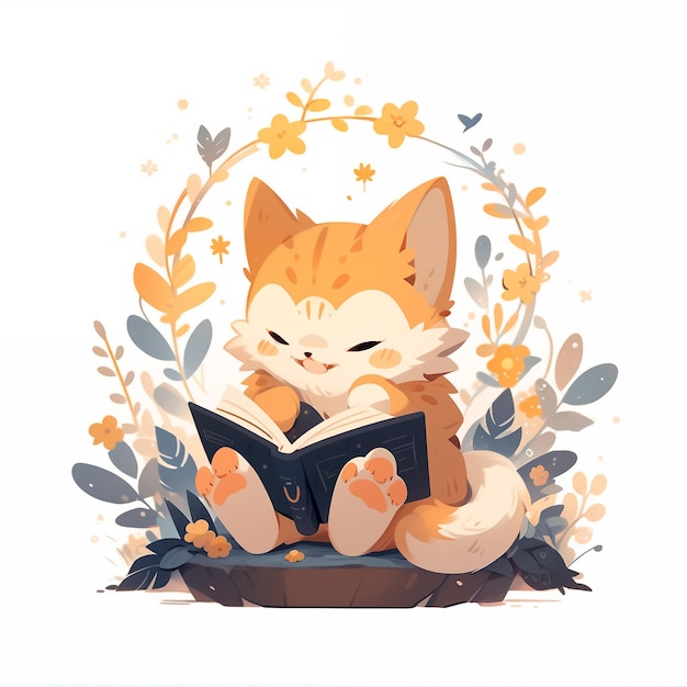 Ilustración vectorial de un lindo gato naranja sonriendo y leyendo su libro favorito en el suelo