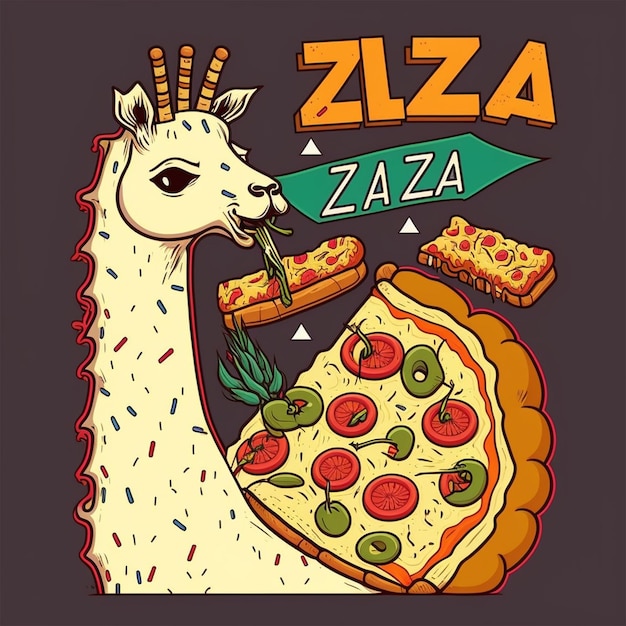 Ilustración vectorial de una llama comiendo una pizza