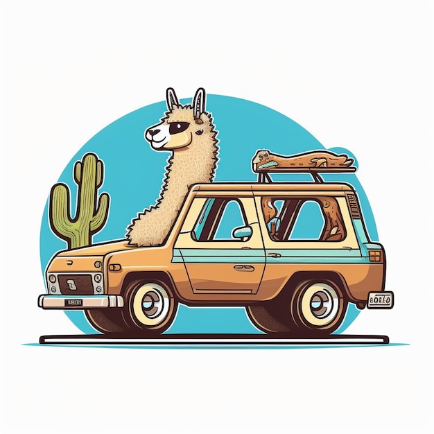 Ilustración vectorial de una llama montando un coche