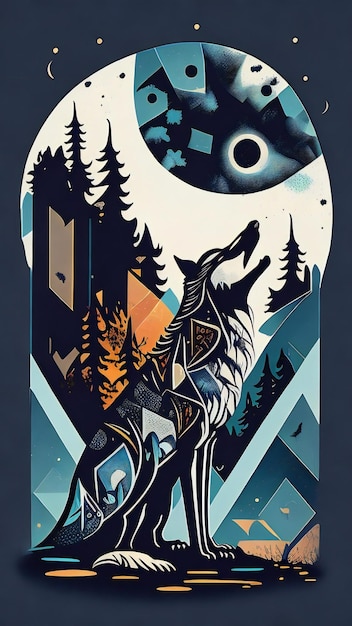 Ilustración vectorial de un lobo y la luna en el bosque nocturno