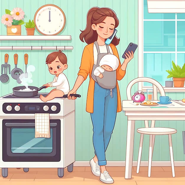 Ilustración vectorial de las mamás haciendo malabarismos con el teléfono del bebé y la cocina