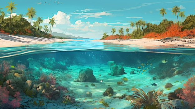 Ilustración vectorial del mar con un colorido arrecife de coral Imagen AI generativa