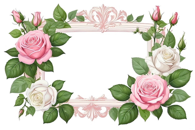 Ilustración vectorial de marco vintage con rosas rosas y blancas brotes de rosas y hojas verdes sobre un fondo blanco