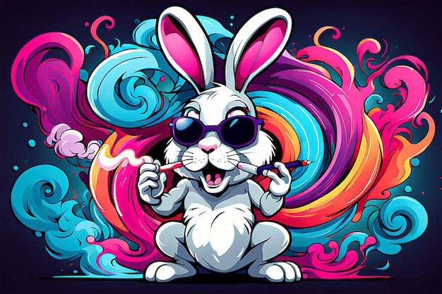 Foto ilustración vectorial de una mascota de conejo de moda exhalando un remolino de humo de vape colores vibrantes estilizar